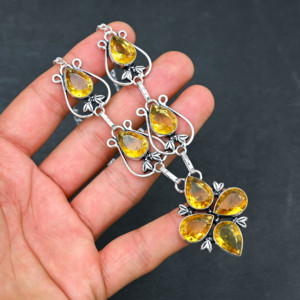 Handmade Yellow Citrine <b>Solid</b> 925 Sterling <b>Silver</b> <b>Necklace</b>, Natural Garnet Quartz Gemstone Jewelry Children Gift High Quality - Product Image 3