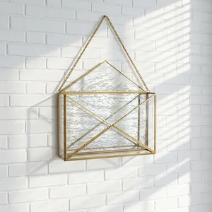 Artisan Design Geometric Brass and Glass Lacquer Wall <b>Shelf</b> with Polygon Design for Modern Home Decor - Product Image 2
