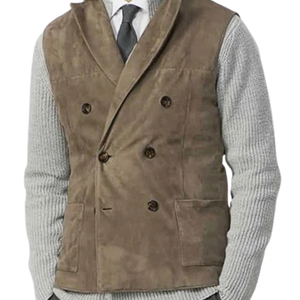 Chaleco de ante marrón para hombre, doble botonadura, casual, para otoño, con botones - Product Image 6