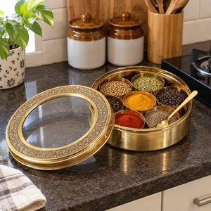 Clear Glass Lid Brass Masala Box Floral Engraved Round Indian <b>Spice</b> Container 7 Bowls Kitchen Organizer Wholesale Manufacturer - Product Image 3