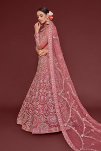 <b>Rose</b> Pink Embroidered Polyester/Cotton Lace Lehenga Choli Net Saree Set Traditional Wedding Outfit for Women - Product Image 3