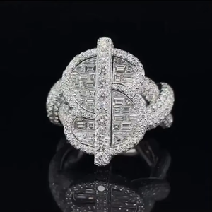 Luxury Moissanite Dollar Sign <b>Ring</b> Iced Out <b>Statement</b> <b>Ring</b> Micro Pave Baguette Stone Hip Hop Jewelry Gift Silver Tone - Product Image 1