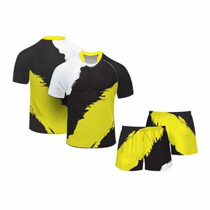 Ensemble d'uniformes de rugby unisexe, maillot imprimé par transfert thermique uni, manches courtes, short à taille élastique anti-transpiration, personnalisable sur le devant - Product Image 4