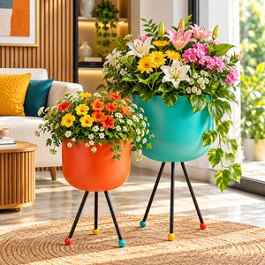 Pots de fleurs modernes en métal avec supports trépieds en fer noir, jardinières colorées pour patio, jardin, balcon, terrasse, salon - Product Image 1