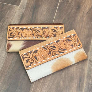 Venta al por mayor de carteras largas de cuero labrado a mano personalizado triple Cartera de cuero de vaca genuino de las mujeres embragues RFID bloqueo titular de la tarjeta de crédito monedero - Product Image 4