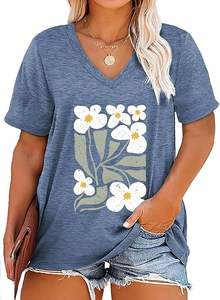 Camisetas de Verano 2026 de Alta Calidad con Logotipo Personalizado, 100% Algodón, Estampado Floral, Cuello en V, para Mujer Talla Grande - Product Image 2