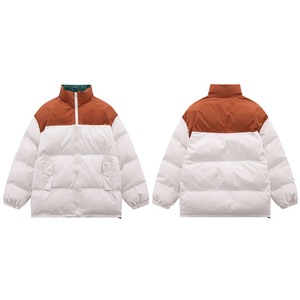 Unisex Color Blocking Puffer <b>Jacket</b> Stand Collar Zipper Closure Windproof Polyester Shell Winter Casual Loose Fit - Product Image 1