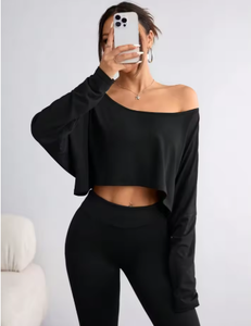 Chemise à manches longues noire pour femme, t-shirt décontracté, col asymétrique, haut sans bretelles pour le sport - Product Image 5