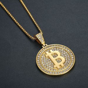 Collier pendentif Bitcoin Iced Out en acier inoxydable plaqué or, bijoux hip-hop pour hommes et femmes, cadeau de fête - Product Image 1