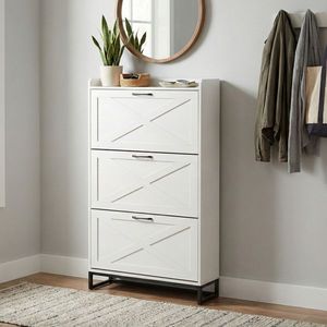 Mobiletto con tre cassetti e anta scorrevole in truciolato bianco anticato con pannello superiore 80*24*145cm, organizer per scarpe - Product Image 5