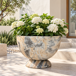 Maceta de fibra de vidrio personalizada con acabado efecto mármol, maceta decorativa con pedestal para jardín y patio modernos - Product Image 5