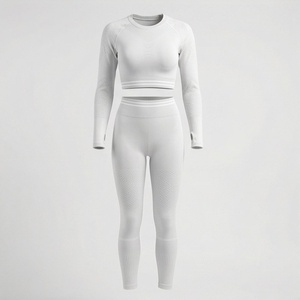 Ensemble de vêtements de sport pour femme, haut court à manches longues sans couture et leggings taille haute, 2 pièces - Product Image 1