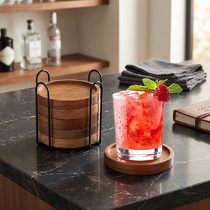 Acacia Round Groove Coasters with Holder Decorative Beverage Coffee Table Coasters for <b>Cup</b> Beer Bar <b>Mats</b> & Pads Drink Set - Product Image 1