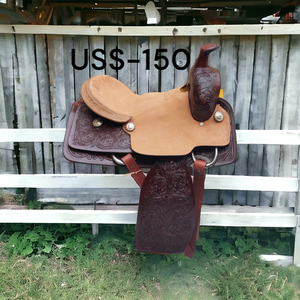 DD Leather Dual Tone Western Barrel Roping Saddle Diseño floral a mano Costura elegante Asiento duro Equitación Ropa ecuestre - Product Image 3