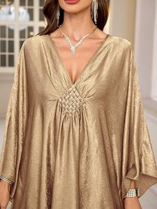 Robe Abaya élégante à col en V, longueur au sol, avec détails perlés, manches longues, coupe ample, ourlet asymétrique, couleur unie, tenue de soirée pour femmes - Product Image 2