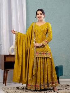 Yellow Silk Salwar Kameez Set Embroidered Dupatta Traditional Indian Pakistani <b>Women</b> Wedding Party <b>Outfit</b> - Product Image 1
