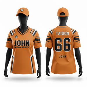 Maillot de football américain pour femmes en polyester premium 180 GSM avec panneaux rayés orange, noir et blanc, logo personnalisé par sublimation - Product Image 1