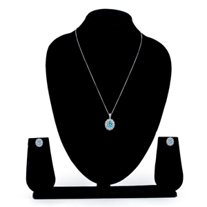 Parure de bijoux ovale bleu ciel éclatant avec halo de zircons cubiques, boucles d'oreilles et collier pendentif plaqué argent – Cadeau - Product Image 2