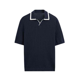 Custom <b>Men</b>’s Navy Blue Ribbed Knitted <b>Polo</b> <b>Shirt</b> Short Sleeve Contrast Collar Casual Summer <b>Polo</b> OEM Manufacturer - Product Image 1