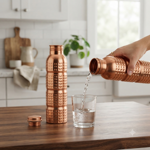 <b>Copper</b> Water Bottle with Hammered Texture Design <b>Screw</b> Cap Portable Reusable Flask for Travel Minimalist Style - Product Image 3