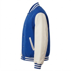 Chaqueta Universitaria Azul Rey y Blanca, Chaqueta de Béisbol con Botones a Presión, Ribete a Rayas, Mangas en Contraste, Chaquetas Personalizadas para Hombre - Product Image 2