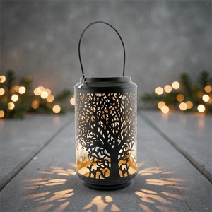 <b>Black</b> Iron <b>Lantern</b> With Tree Pattern Die Cutting Design Portable Home Decoration - Product Image 3