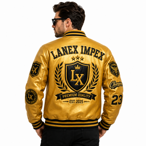 Custom Gold Varsity Letterman Jacket Men PU Leather Baseball College Jacket Embroidered Chenille Patch Bomber Jacket OEM Service - Product Image 4