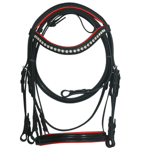 Bande de front en cristal de pierre de couleur claire de construction durable et rembourrage rouge avec rênes en cuir Weymouth Bridle disponible à la vente... - Product Image 1
