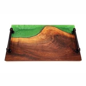Plateau de service moderne en bois avec poignées métalliques et accents en résine époxy, plateau décoratif pour table basse, hôtel, maison - Product Image 4