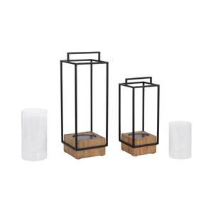 Modern Matte Black Wire <b>Lantern</b> – Dark Wood Block Base Glass <b>Hurricane</b> Holder - Product Image 6
