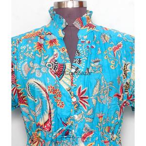 Robe Courte Bohème en Coton Pur Doux pour Femme, Col en V, Manches Courtes, Imprimé Palmiers Estampé à la Main, Style Minimaliste Décontracté pour le Bureau - Product Image 4