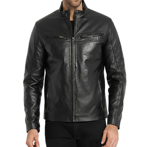 <b>Men</b> Black Genuine <b>Leather</b> <b>Jacket</b> Moto Biker Style Stand Collar Zipper Closure Slim Fit Regular Length Autumn Wear - Product Image 1