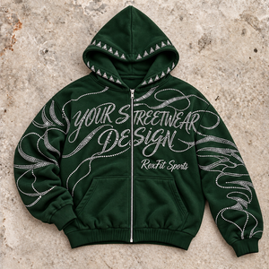 Custom Rhinestone Zip Up <b>Hoodie</b> Full Sleeve Custom Graphic Design <b>Oversized</b> Heavyweight <b>Fleece</b> Streetwear Hoodies Wholesale - Product Image 5
