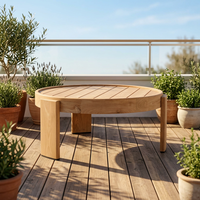 Table basse ronde moderne en teck avec plateau à lattes et base en bois massif imperméable
