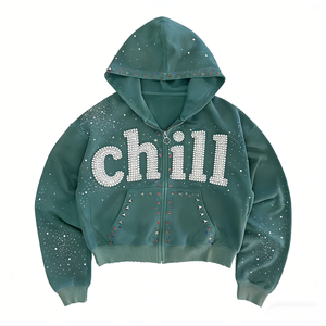 OEM 2026 – Nouveaux sweats à capuche longs zippés pour femmes, personnalisables avec rivets et clous, en polyester/coton, coupe-vent et écologiques - Product Image 2