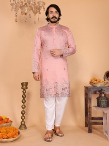 Ensemble Kurta Pajama brodé pour homme, coupe classique, idéal pour les mariages et les fêtes traditionnelles, disponible chez Samp Corporation - Product Image 1