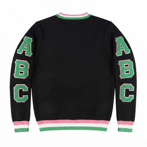 Pull en maille à col en V noir avec bordure rose et verte, logo en chenille, style décontracté, vêtements grecs pour femmes - Product Image 2