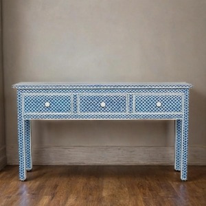 Table console moderne bleue géométrique avec incrustations en os, écologique, trois tiroirs, meuble de rangement pour entrée, pièce décorative d'appoint - Product Image 2