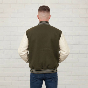 Custom Made <b>Men's</b> Olive Green Varsity <b>Jacket</b> With Cream Sleeves And Red Buttons Front Logo Casual Autumn Wear - Product Image 2