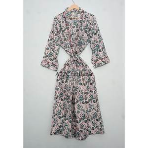 Elegant beige multicolor Floral Cotton Quilted Kimono Bathrobe Hand Block Printed Indian Style Casual Coat Jacket for Women - Product Image 2