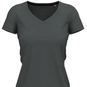 Women's Grey V-Neck 100% Cotton Knitted Jersey <b>T</b>-<b>Shirt</b> Casual Short Length with Anti-Pilling Logo Eco-Friendly Print Pattern - Product Image 1