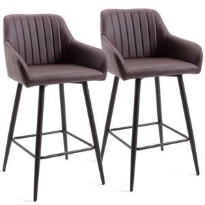 Set di 2 Sgabelli da Bar in Pelle PU Marrone con Gambe in Metallo, Sedie da Bancone per Sala da Pranzo e Pub - Product Image 1