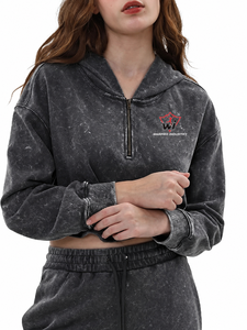 Women's Acid Wash Cropped Hoodie with Quarter Zip Long Sleeves Raw Hem and Relaxed Streetwear Fit - Product Image 1