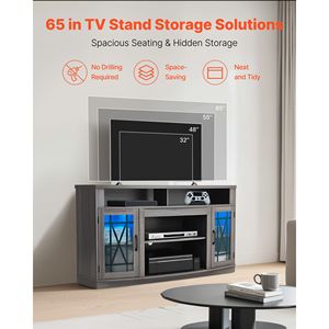 Mobile TV in Stile Rustico per Televisori fino a 65 Pollici, Centro Intrattenimento in Legno con Striscia LED, Vano Portaoggetti e Anta in Vetro - Product Image 2