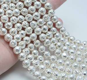 Perles rondes en pierre de lave plaquées argent, pierres volcaniques naturelles pour la fabrication de bijoux, colliers, bracelets, vente en gros - Product Image 1