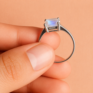 Wholesale Women's Romantic Rhodium Plated Moonstone <b>Ring</b> Sterling <b>Silver</b> <b>Emerald</b> Cut Prong Setting Solitaire Anniversary Party - Product Image 3