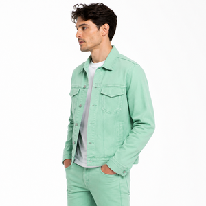 Veste en jean personnalisée pour homme, vert menthe, coupe ajustée, en coton, style streetwear décontracté, veste en jean trucker vert sauge, tendances automne-printemps - Product Image 3