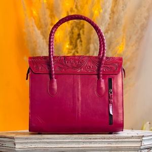 New Women's Vintage Designer Trendy Hand Tooled Florals Carved 100% Genuine Leather High Quality Pink Lightweight <b>Mini</b> Tote <b>Bags</b> - Product Image 2