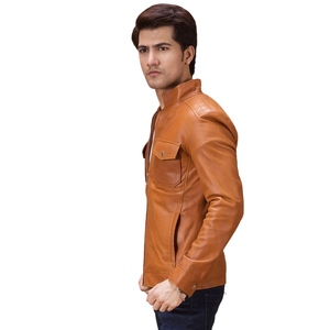 Veste en cuir véritable marron pour homme, col montant, fermeture éclair, style motard, avec poches poitrine - Product Image 2