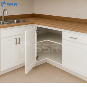 Meuble bas d'angle SSR style Shaker, gris laqué, pour cuisine modulaire, avec charnières et structure en panneaux de particules - Product Image 2